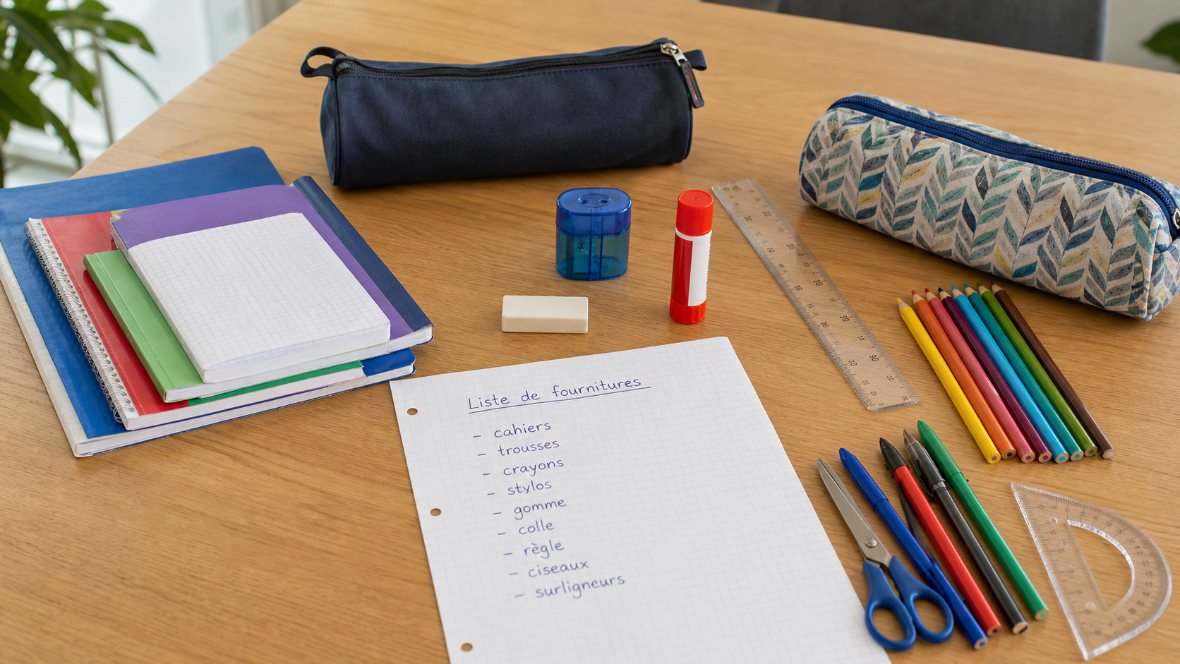 Liste de fournitures scolaires avec cahiers, trousse et crayons triés sur une table