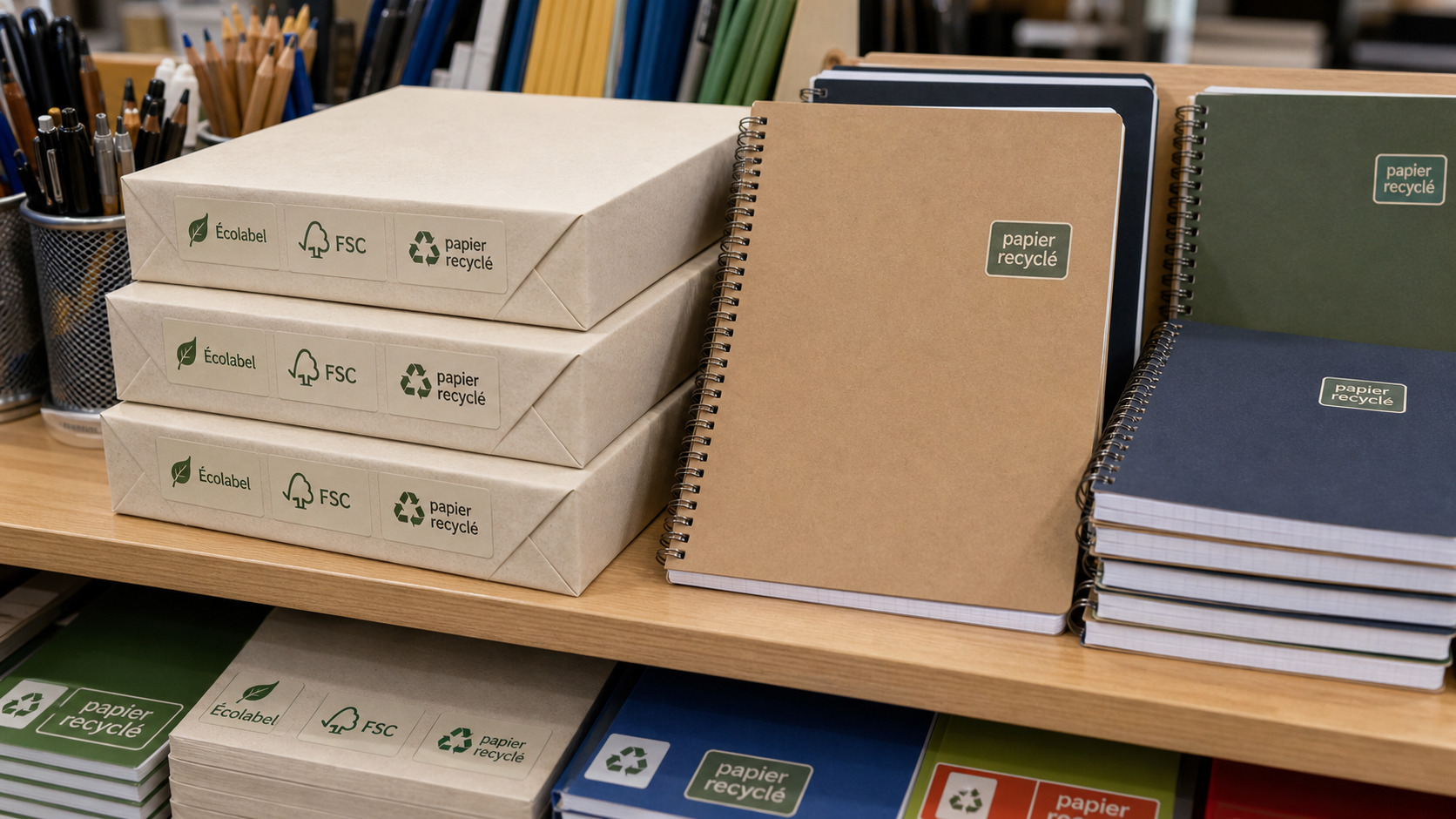 Cahiers et ramettes de papier avec logos Écolabel européen, FSC et papier recyclé