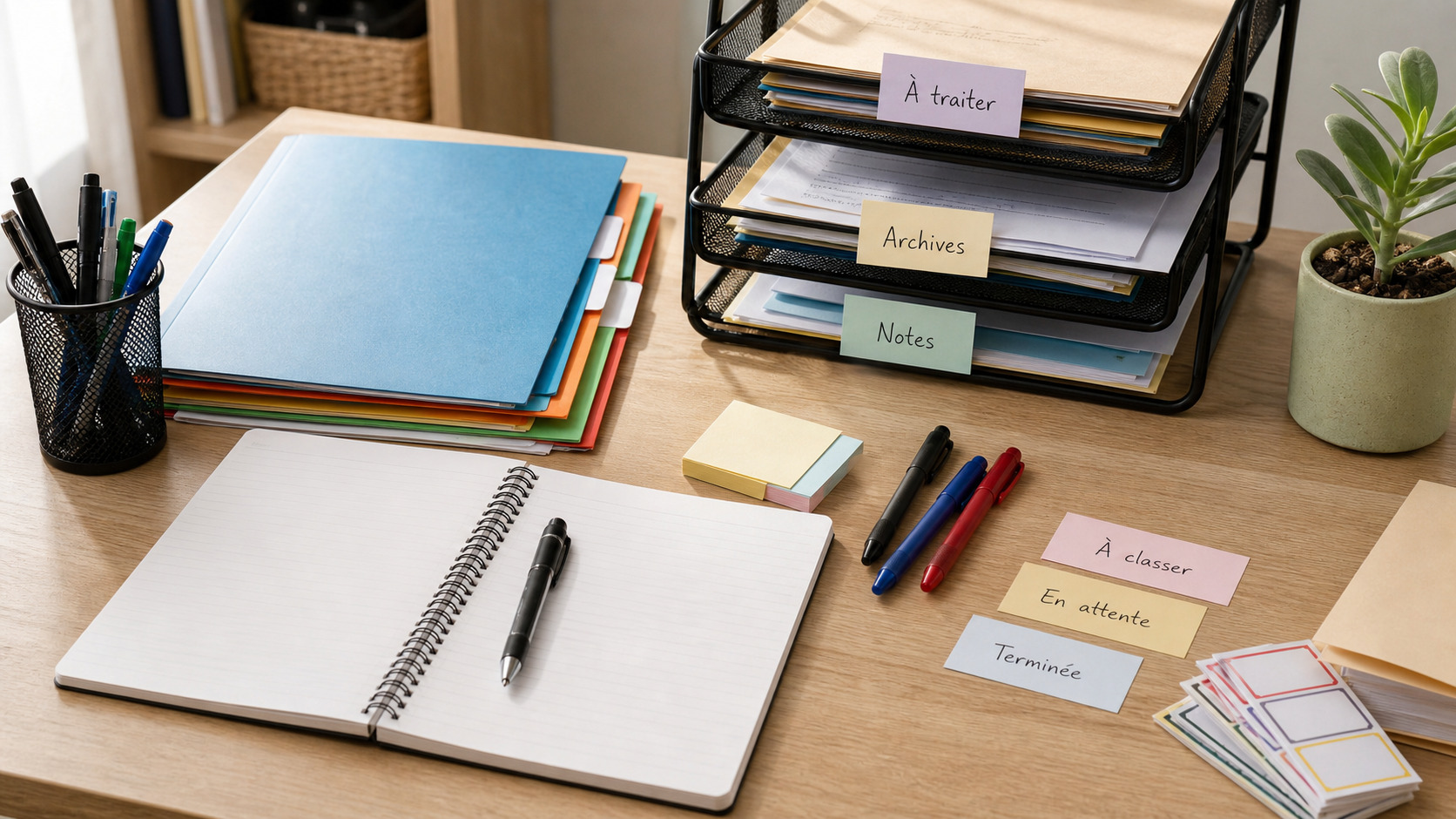 Bureau rangé avec carnet, stylos, chemises colorées, étiquettes et bannette